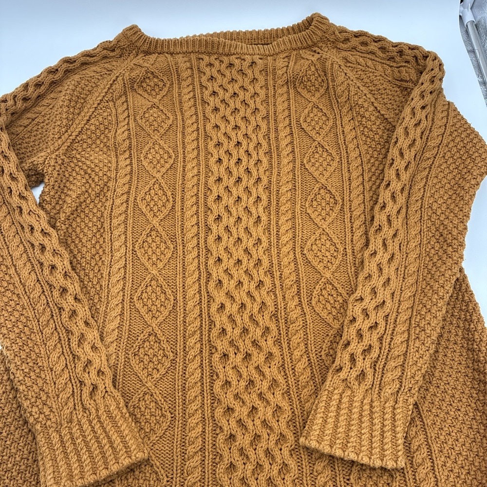 LL Bean Signature Womens Large Cable Knit Cotton Sweater Ochre Brown Side Zip